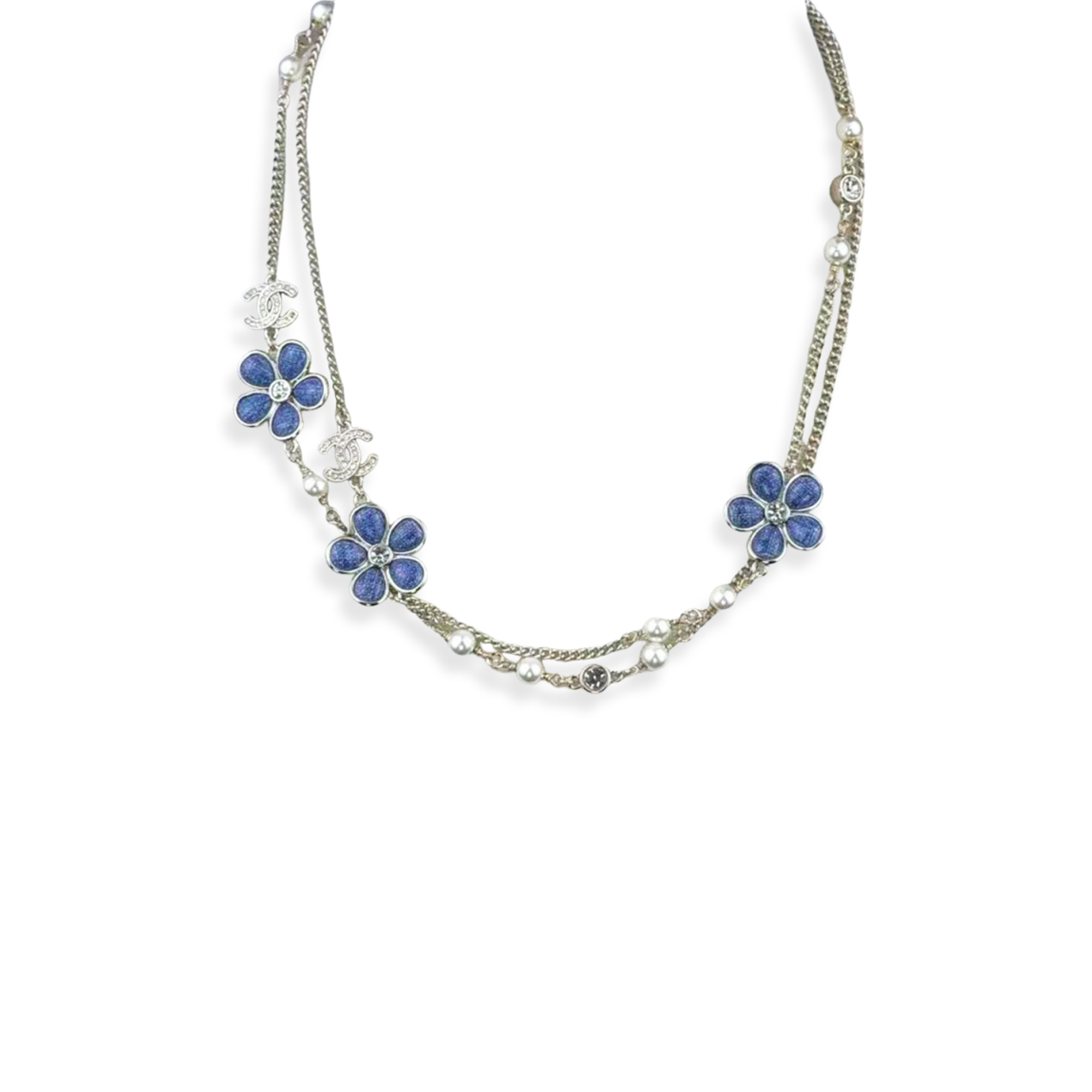 CHANEL DENIM ENAMEL FLOWER CRYSTAL LIGHT GOLD DOUBLE C DOUBLE CHAIN NECKLACE